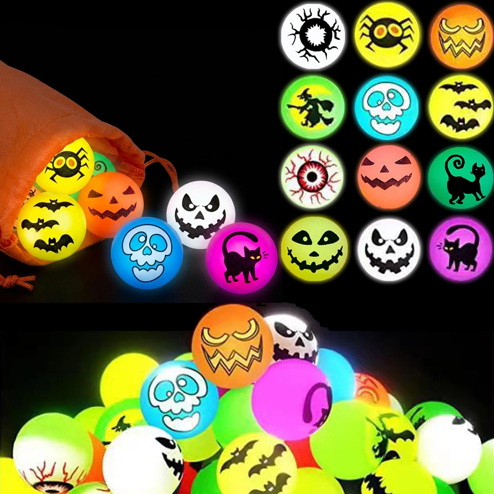36Pcs Halloween Bouncy Balls for Kids Grow in The Dark,Party Bag Fillers Rubber Balls with Bag, Halloween Party Favors Trick or Treat Toy Classroom Prizes Pinata Stuffer Gift for Boy&Girl Ages 3+