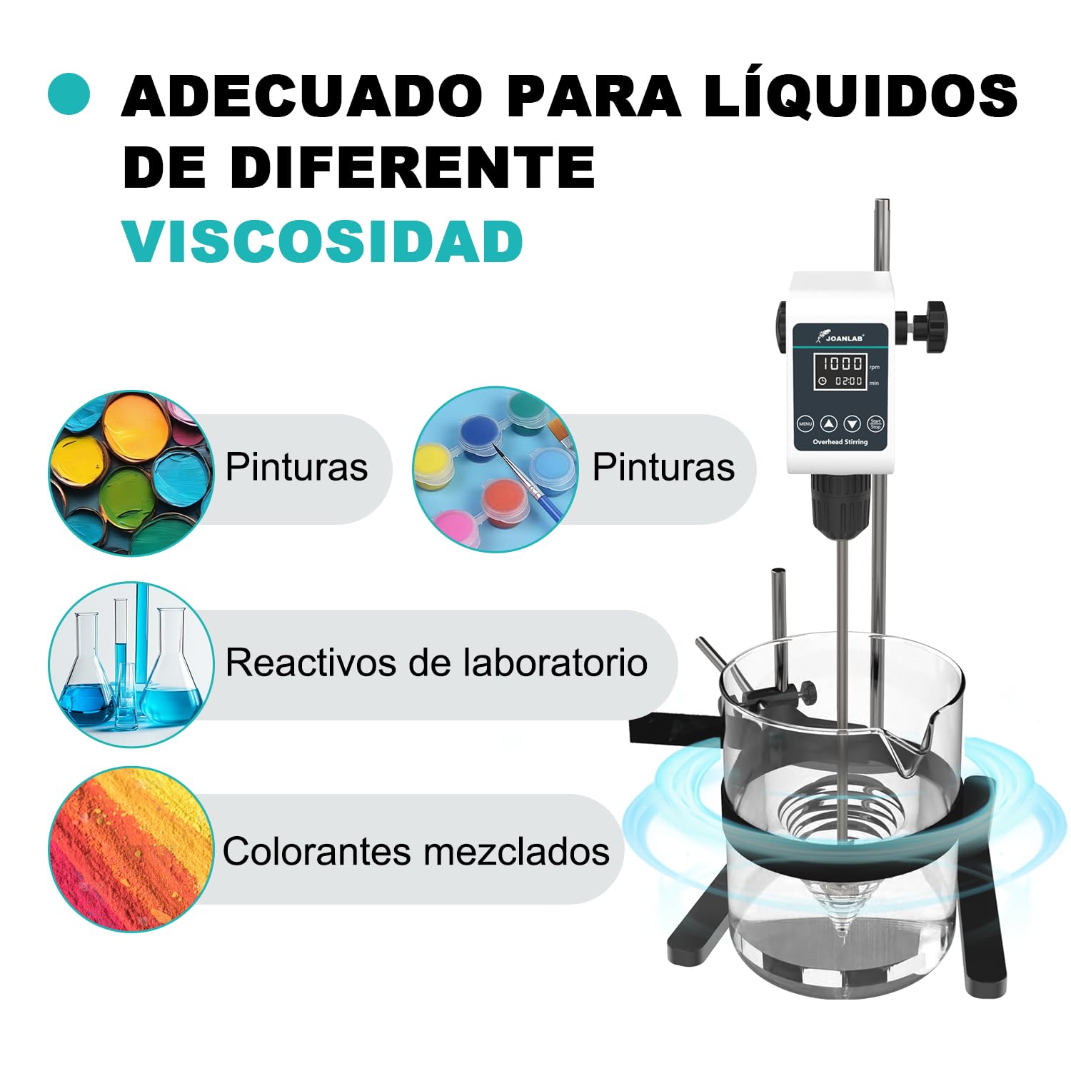 JOANLAB Agitador de Sobremesa Overhead Stirrer, Mezclador de Laboratorio 36W con Paleta y Soporte Inox, Velocidad Ajustable 100-1200 RPM, Temporizador Digital 1min-24h, para 10L & 20000 mPas(OS-5S)