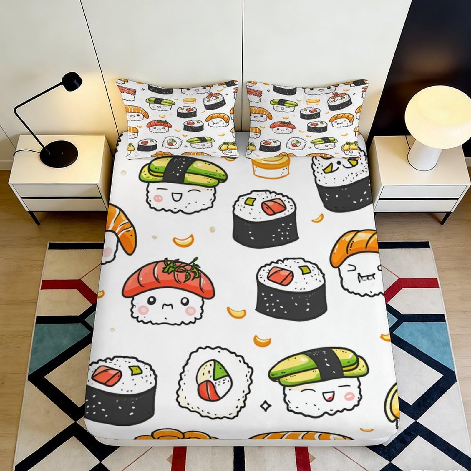 Dhbaneiok Style-3 3D Printed Sushi Cartoon Fitted Sheet Microfiber Soft Anti-Slip Kawaii Japanese Food Bed Cover For Bedroom Decor 90X200x25cm