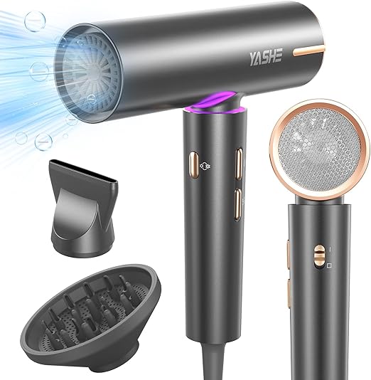 YASHE Asciugacapelli Ionico, Motore Senza Spazzole a 110.000 g/min, diffusore e concentratore, 3 velocità, 4 impostazioni di calore, pulsante di raffreddamento, asciugatura rapida a 23m/s, 1800W