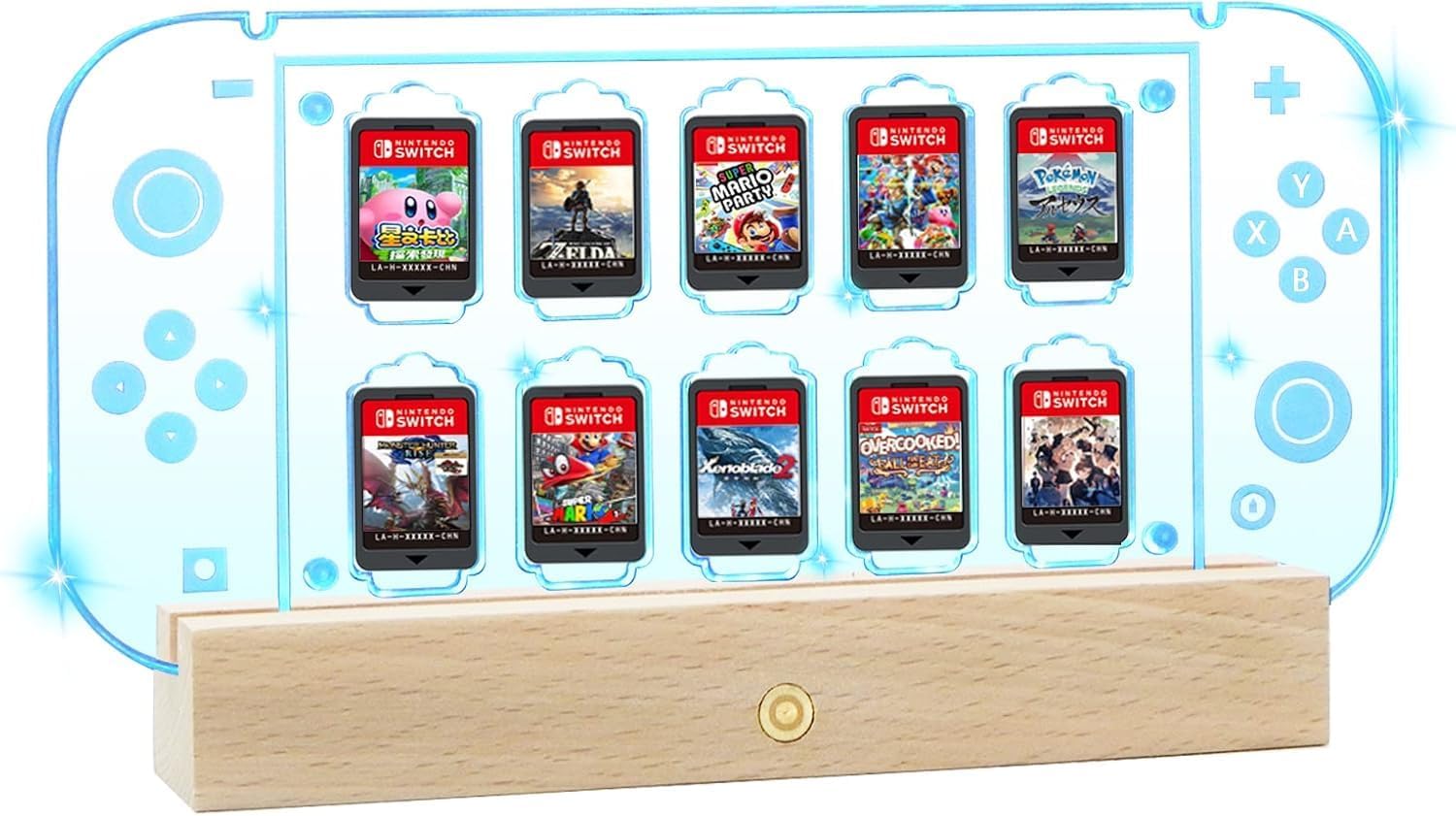 – Transparent Magnetic Game Card Holder with 10 Slots, Game Console Shape Design, Features 11-Color LED Base, Portable Illuminated Display for Game Cartridges, Protective Storage