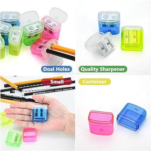 Miniatura 5 de AUSTARK 24 sacapuntas manuales, sacapuntas pequeños de doble agujero de colores surtidos a granel con tapa con tapa para escuela, oficina, hogar