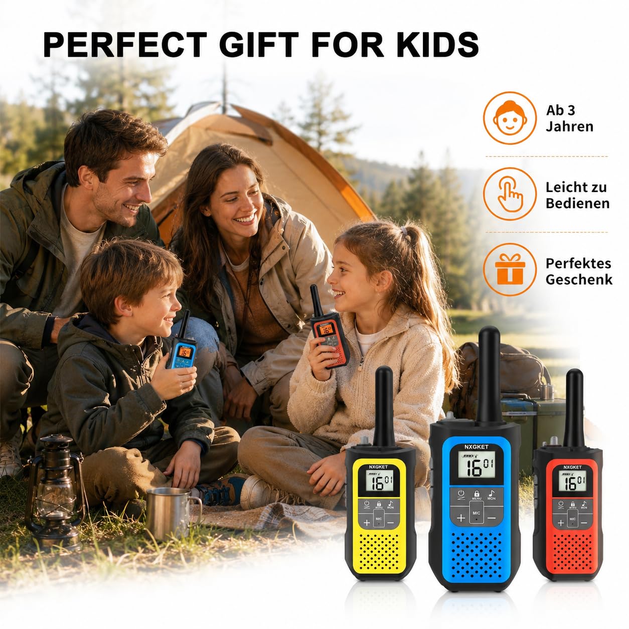 NXGKET Walkie Talkie Niños Recargable, 24 Horas de Tiempo de Trabajo, 5 km de Largo Alcance, 16 Canales, Función VOX, Walkie Talkies para Acampadas y Senderismo al Aire Libre, Paquete de 3