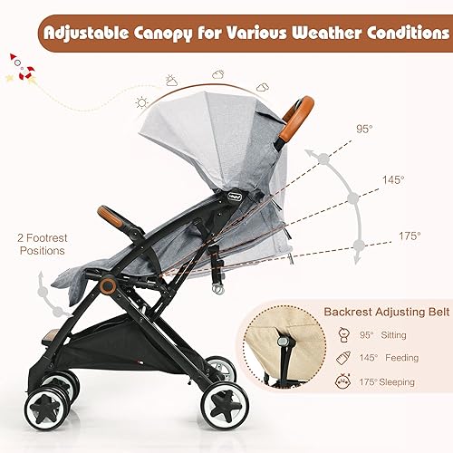 Miniatura 3 de HOMGX - Cochecito de bebé ligero con arnés de seguridad de 5 puntos, respaldo ajustable y sistema de bloqueo rápido, cochecito de viaje compacto