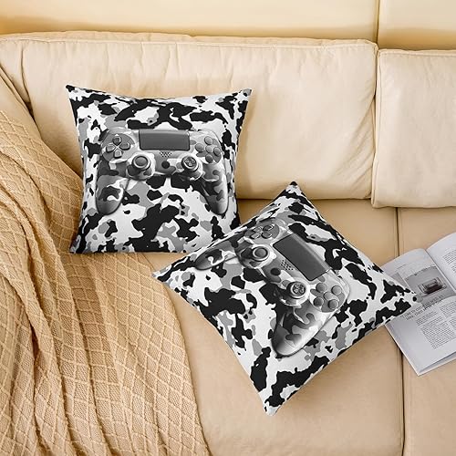 Miniatura 8 de Juego de 2 fundas de almohada con estampado de consola de videojuegos, para el hogar, sala de estar, notas temáticas musicales reversibles, color