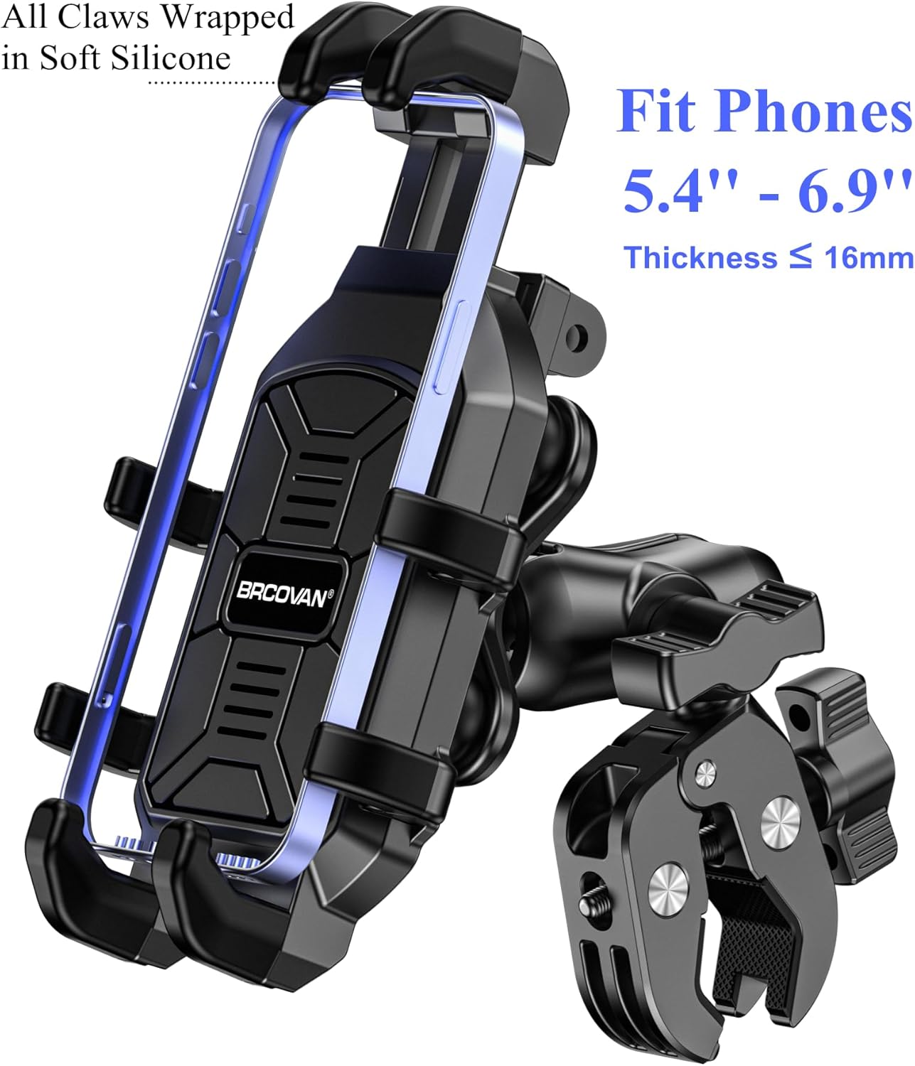BRCOVAN Motorcycle Phone Mount Holder with Vibration Dampener, Anti-Shake Cellphone Clamp Fit Handlebars 0.5'' to 1.5'' in Diameter for Bike Bicycle Scooter ATV, Adjustable Fit 5.4-6.9'' Smartphones - Image 4