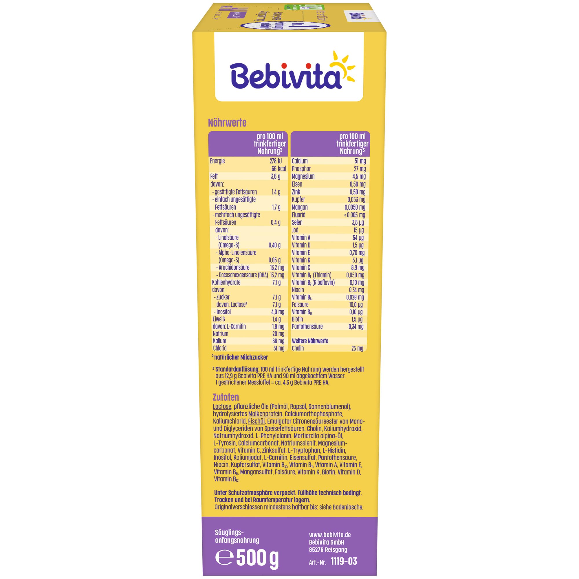 Bebivita PRE HA (5 x 500g), hydrolysierte Anfangsmilch von Geburt an, enthält nur Lactose als Kohlenhydrat, gut zum Zufüttern