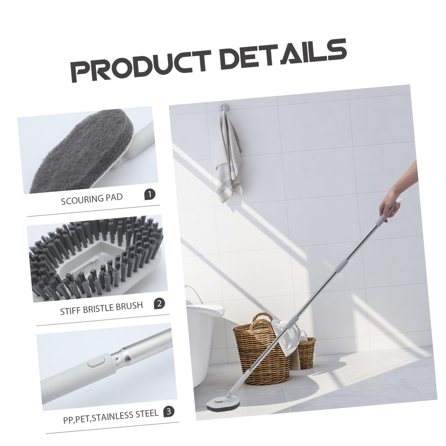 Cepillo para Fregar el Suelo del Baño, 1 Juego, Blanco | Pp, Pet y Acero Inoxidable, Apto para Azulejos de Baño y Ducha, Uso en Baños y Cocinas