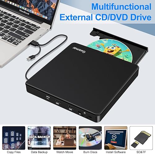 Miniatura 2 de Guamar Unidad de DVD externa USB 3.0 Reproductor de DVD para portátil con 2 puertos USB y 2 ranuras para tarjetas TF/SD Grabador de CD para Mac PC