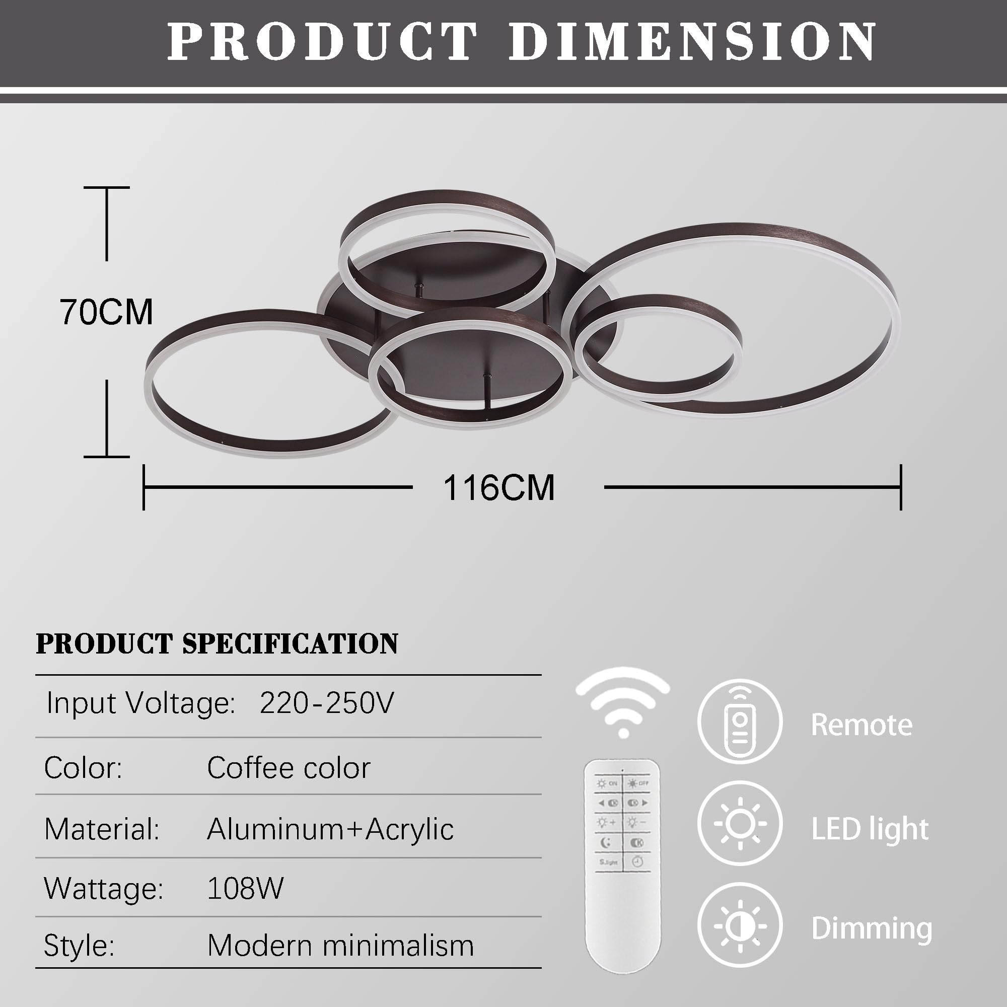 Plafon Led Techo Regulable,Montaje Empotrado 108W 6400Lm LáMpara Techo Con Control Remoto,Moderna LáMpara De ArañA De 6 Anillos Para Sala De Estar Dormitorio Comedor Pasillo,3000-6000K,MarróN