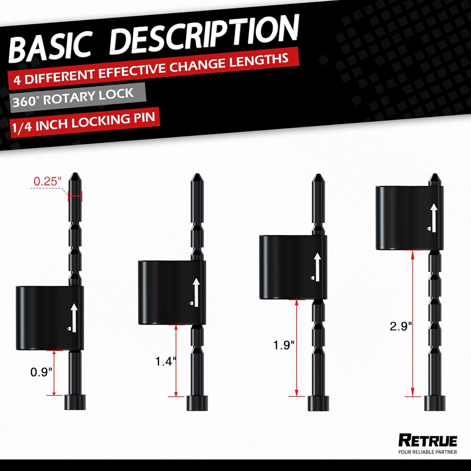 RETRUE Tongue Coupler Lock Adjustable Tongue Pin 1/4" Diameter, Fits 1/2" to 3" Latch-Type Coupler for RV, Truck, Towing, 2 Pack