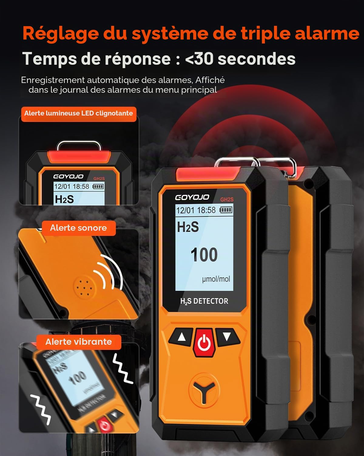 Détecteur de Gaz GOYOJO, Surveillant de Gaz D'hydrogène Sulfuré de 0 à 100 ppm (μmol/mol), Capteur Électrochimique H₂S avec Alarmes Sonores et Visuelles et Écran LCD