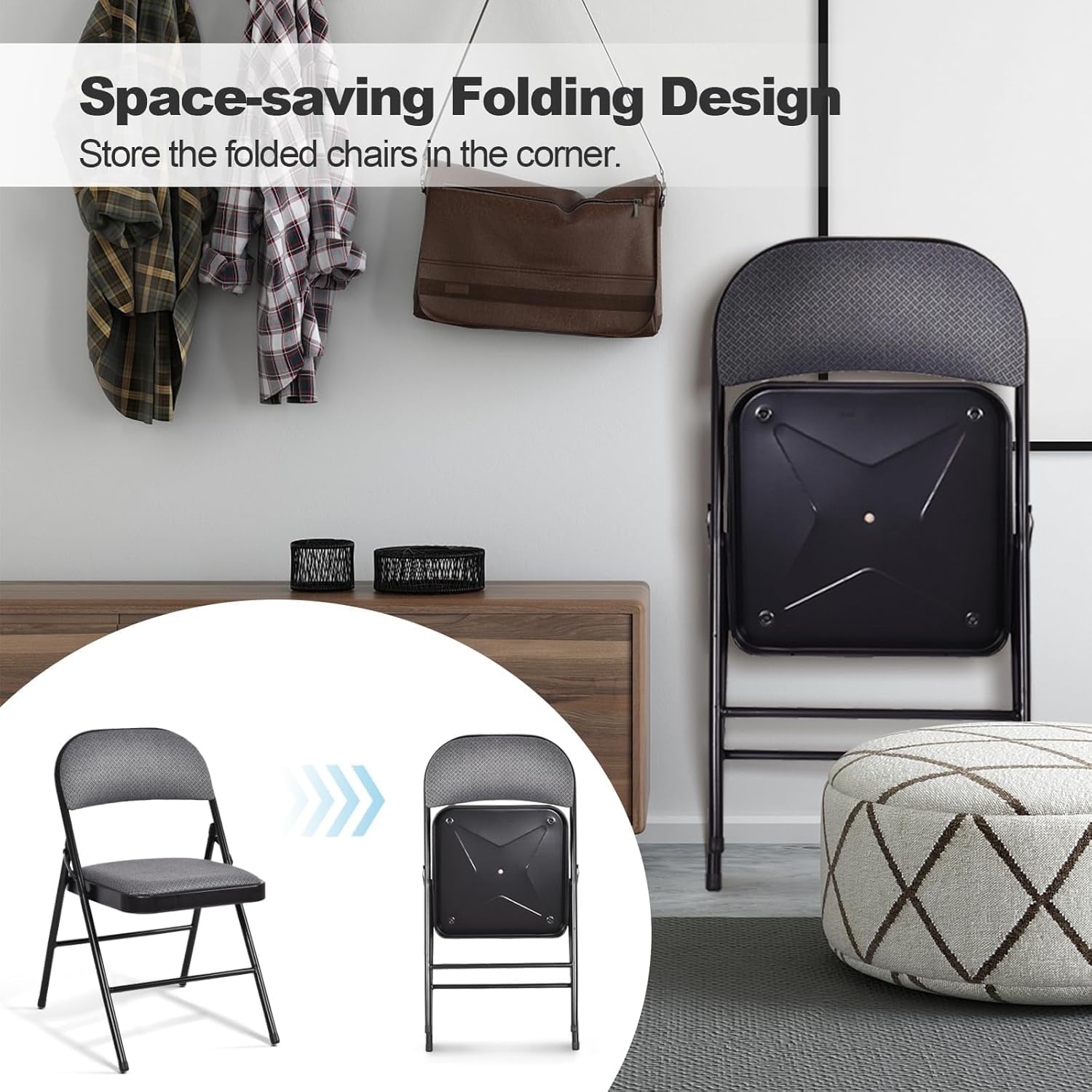 LDAILY Folding Chairs 4 Pack, 18’’ Padded Folding Chairs with Cushion, Fabric Seat & Back, Metal Frame, Foldable Chairs Portable Party Chairs for Indoor & Outdoor Commercial Event, Wedding, Home (4)