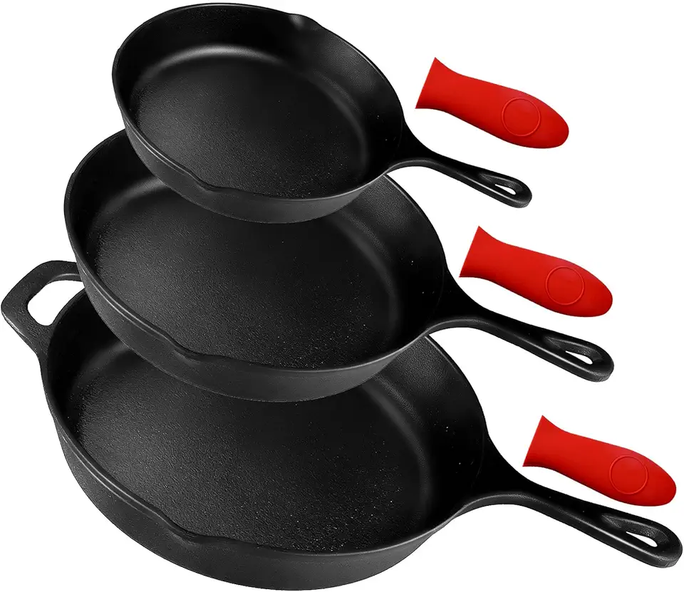 Pre-Seasoned Cast Iron Skillet Set of 3 | 6", 8" & 10" Cast Iron Frying Pans with 3 Heat-Resistant Holders - Indoor and Outdoor Use - Oven Grill Stove