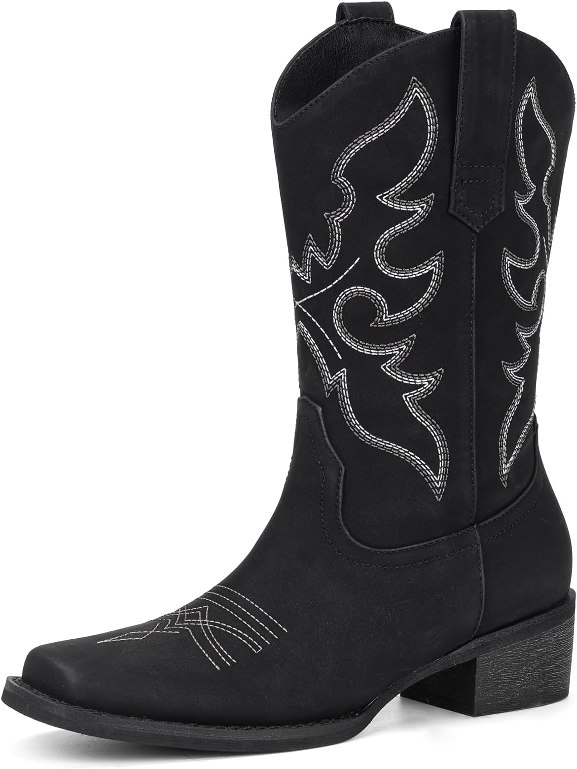 Cowboy Boots for Women Square Toe - Mid Calf Western Cowgirl Boots with Embroidery, Pull On Low Chunky Heel Fashion Footwear for Daily Casual Party Country Concert Rodeo
