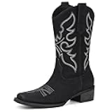 Bybmorto Cowboy Boots for Women Square Toe - Mid Calf Western Cowgirl Boots with Embroidery, Pull On Low Chunky Heel Fashion Footwear for Daily Casual Party Country Concert Rodeo