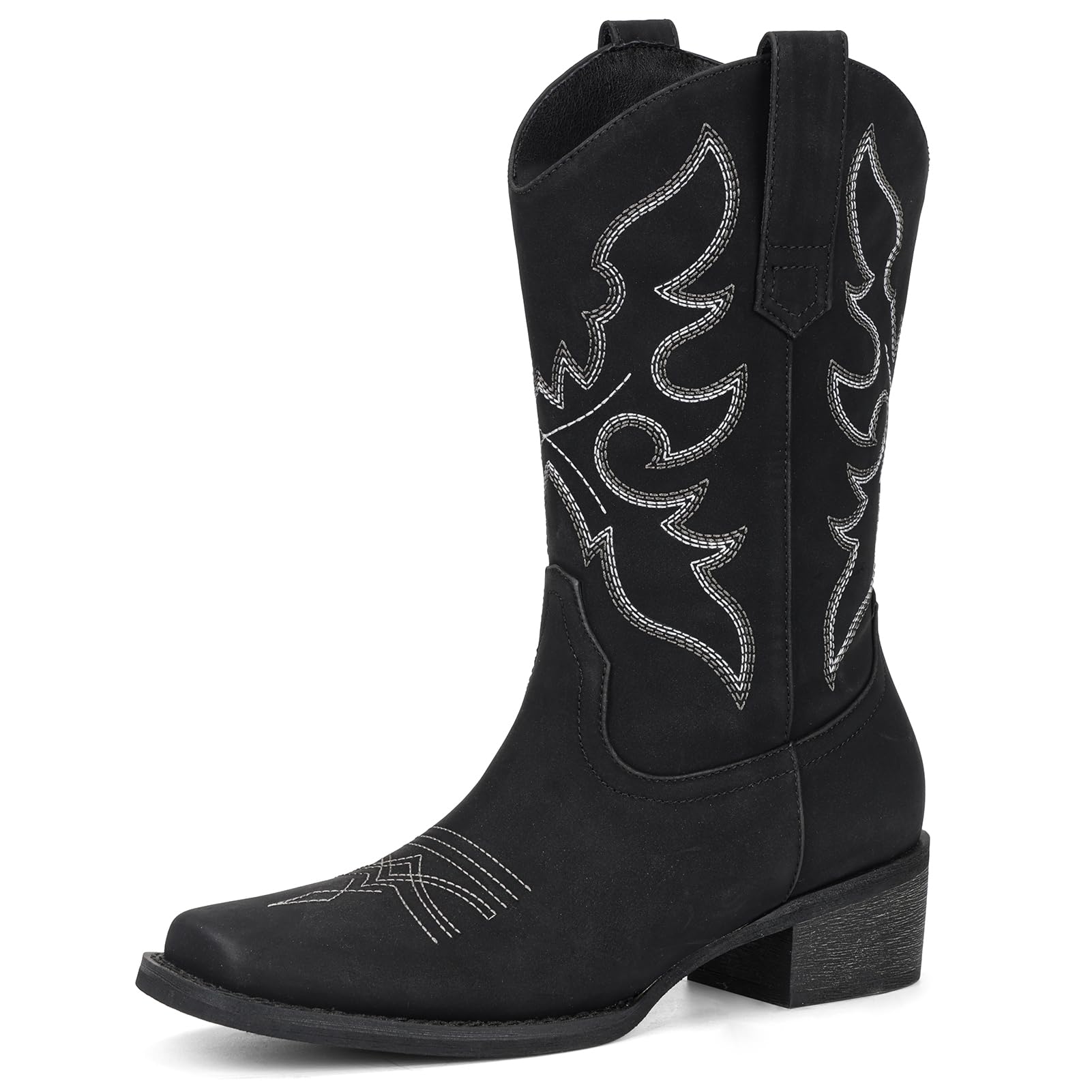 Cowboy Boots for Women Square Toe - Mid Calf Western Cowgirl Boots with Embroidery, Pull On Low Chunky Heel Fashion Footwear for Daily Casual Party Country Concert Rodeo