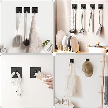 VIS'V Adhesive Towel Hooks, Shower Wall Stick on Hooks, Black, 4 Pcs