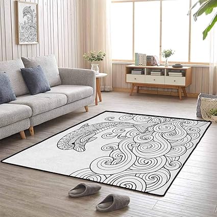 Amazon ドルフィン ノンスリップラグ ブラックとホワイト ゼンタングル 海のイメージ 波と動物 水から飛び跳ねる 子供 寝室 ラグ 5フィート 8インチ ブラック ホワイト ラグ カーペット