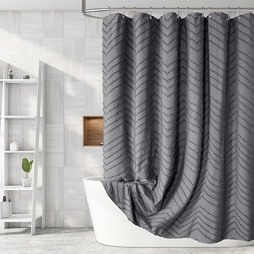 Extra Long Grey Boho Shower Curtain 96 Inch Grey Tufted Chevron Striped Fabric Shower Curtains for Bathroom Modern Shabby Chic Waterproof Cloth Shower Curtain Set with Hooks