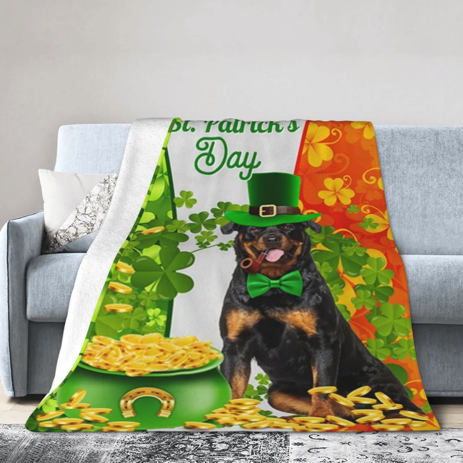 Lsjuee Flannel Fleece Blanket 40"X30" Rottweiler Happy St. Patrick Bed Throw Blanket Weighted Ultra-Soft Travel Spring Blankets for Adult Keep Warm