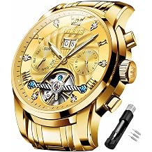 OLEVS Men's Automatic Watch Mechanical Skeleton Tourbillon Luxury Diamond Business Dress Date Wrist Watch for Men Waterproof Luminous, gold, Bracelet