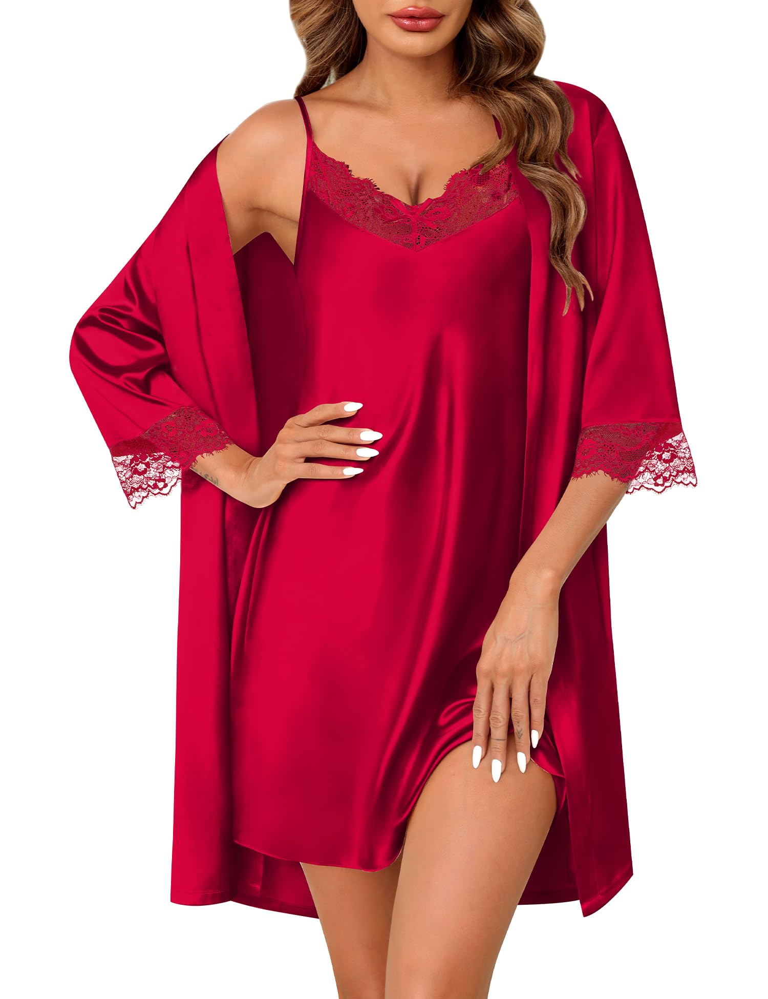 SWOMOG Women's Satin Robe Set 2 Piece Sexy Pajamas Sets Lace Cami Nightgown and Silk Robes Nightwear