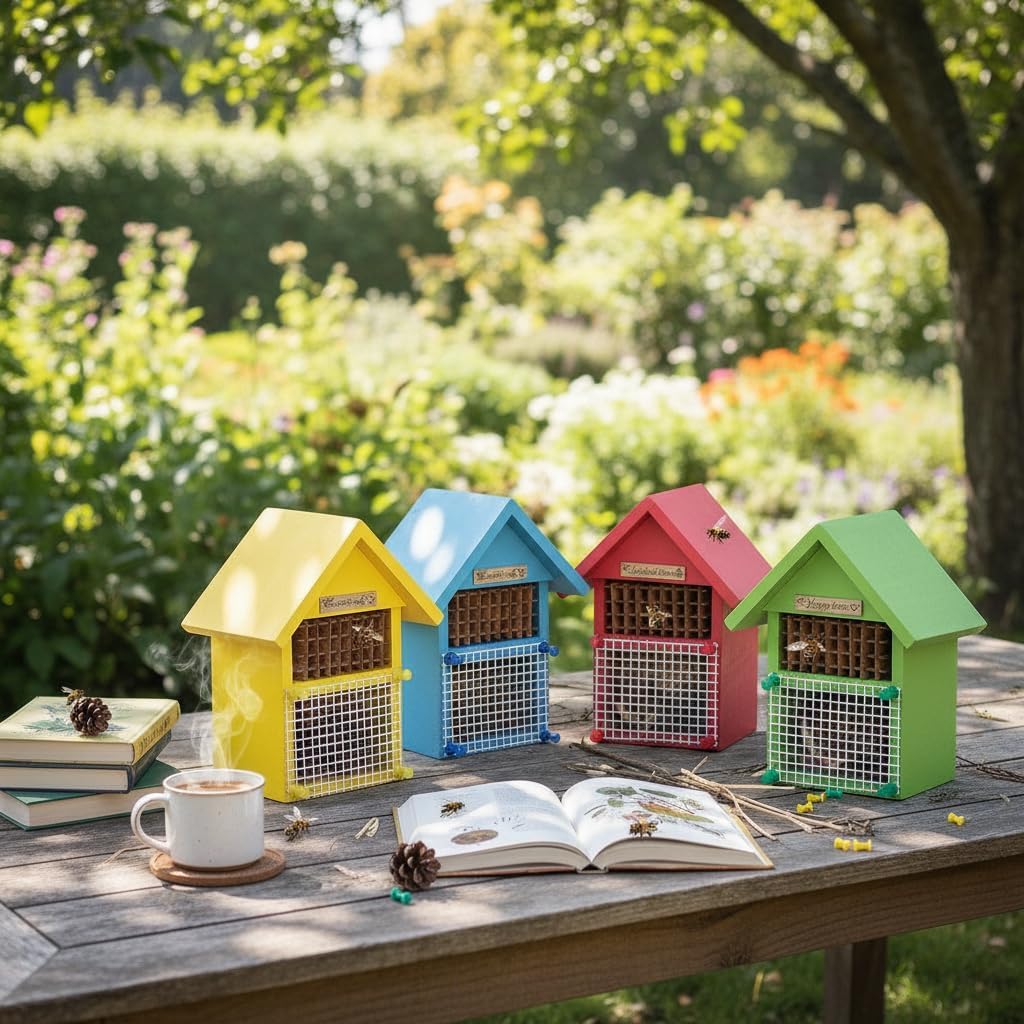 4 Pack DIY Insect Hotel Kit, Backyard Insect House, Solid Wood 5.9"x 7.7"x 4.7", UVcoating Painted, Bee House, Nesting Habitat Shelters, Garden Shelter for Bees, Butterflies, Bugs