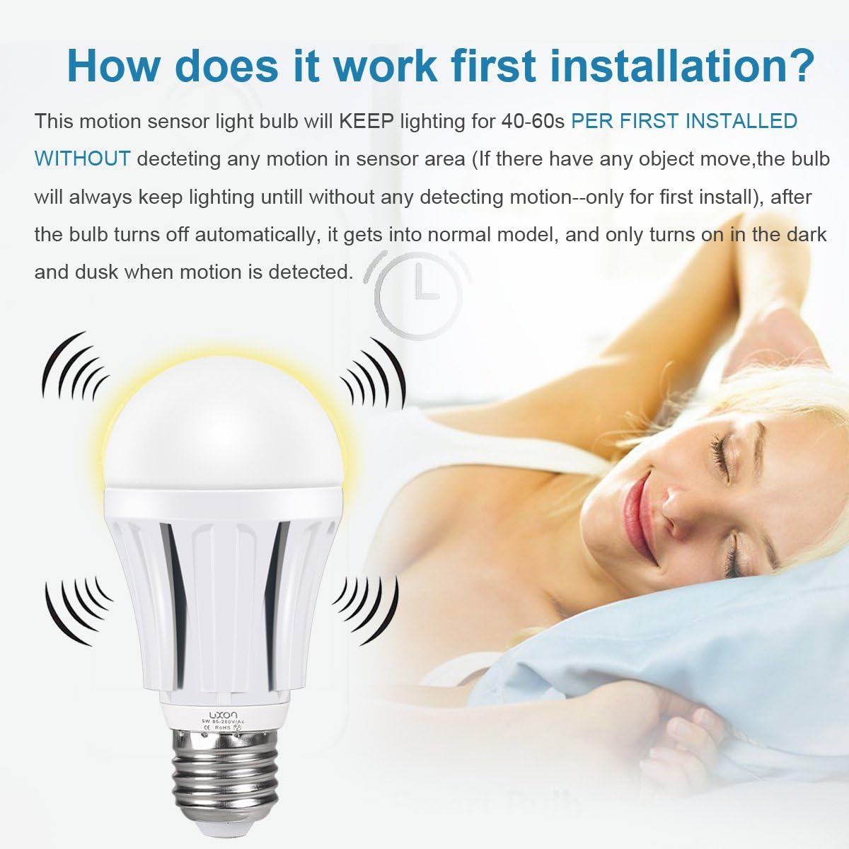 Motion Sensor Light Bulb,9W Dusk to Dawn Light Bulbs E26 Base Indoor Sensor Night Lights Soft White 2700K Outdoor Radar Motion Sensor Light Bulb Auto On/Off by LUXON