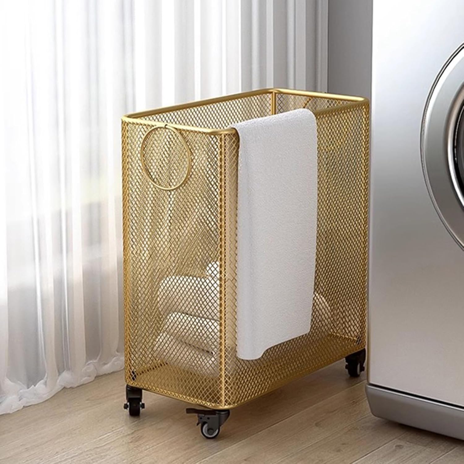 Wire Metal Rolling Laundry Basket On Wheels Gold Laundry Basket Yoga Mat Storage Basket Cart Yoga Mat Rack Yoga Storage Rolling Cart For Bathroom Bedroom Dirty Clothes Storage(40*25*47/15.7*9.8*18.5in