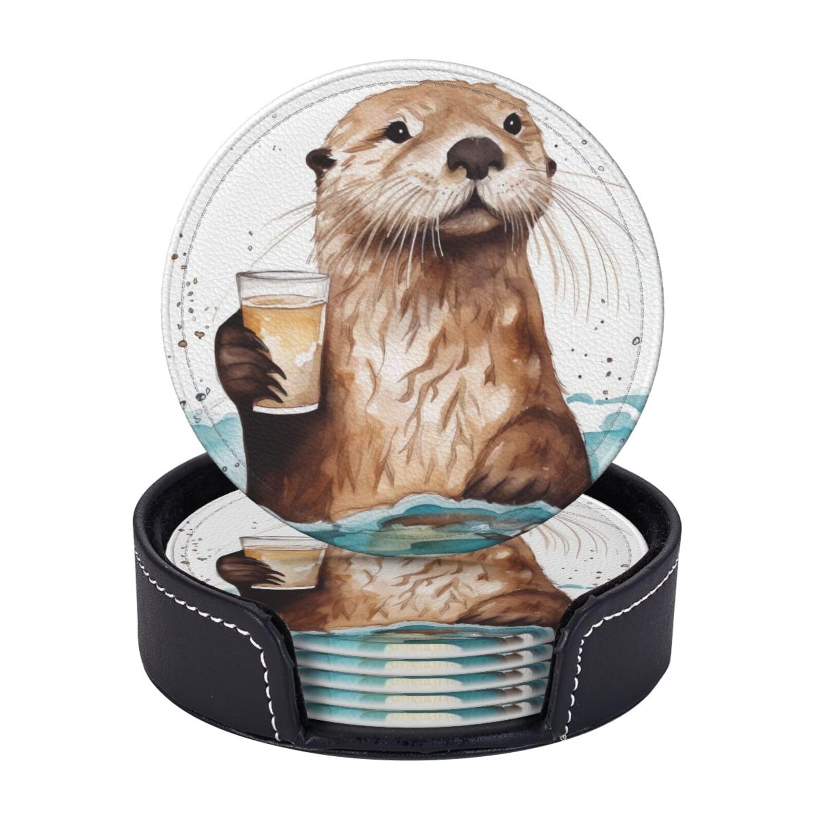 Round Coasters for Drinks Set of 6 - PU Leather Coasters with Holder - Modern Drink Coasters for Coffee Table - Sea Otter Coaster for Tabletop Protection 4" Cup Mat Pad