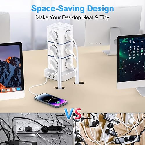 Miniatura 3 de Regleta de alimentación con protector de sobretensiones de 10 pies con 12 salidas de CA, 4 puertos USB, estación de carga, regletas de alimentación