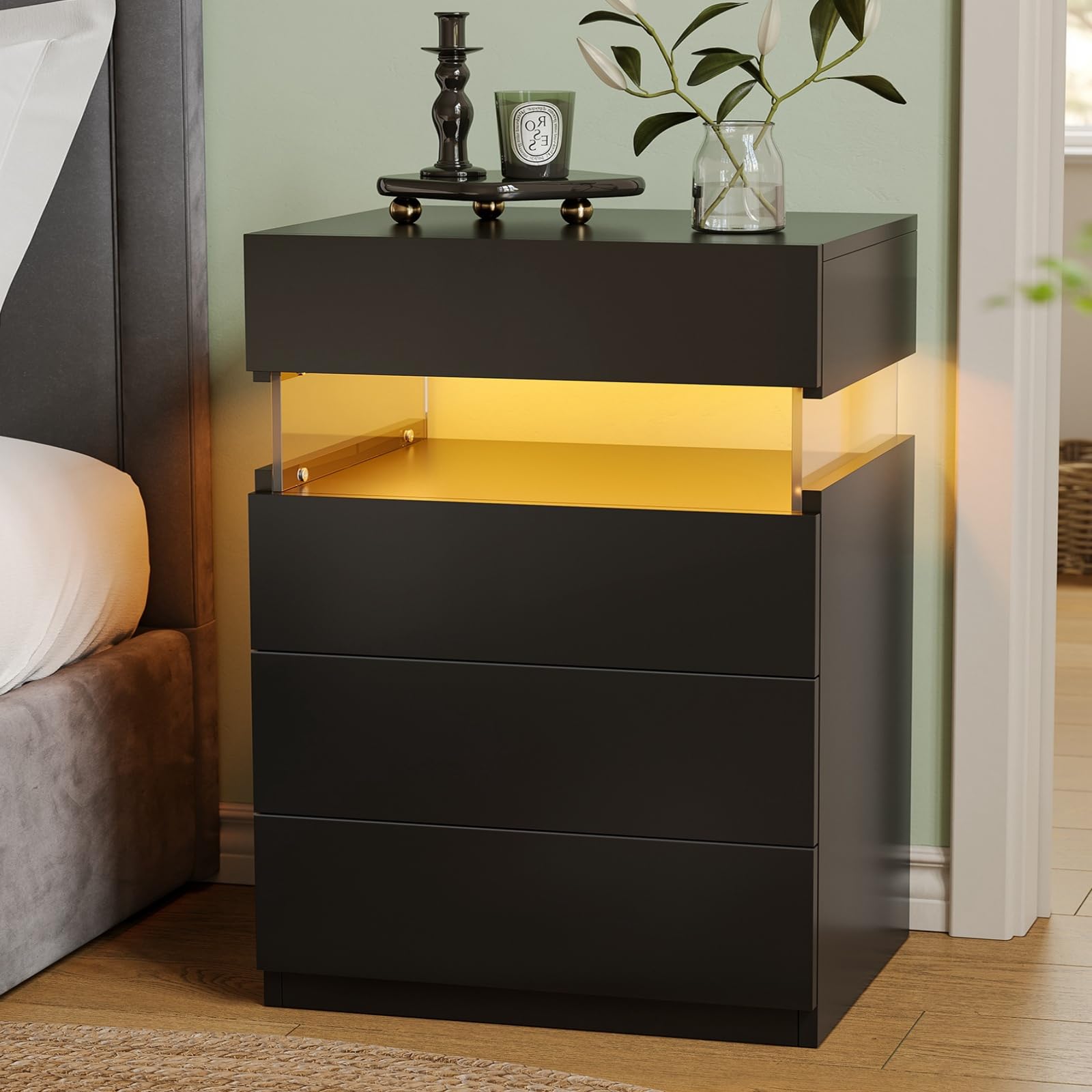 Amazon.com: Bingoday Black LED Nightstand,Modern Night Stand with