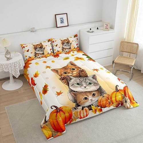 Miniatura 3 de Erosebridal Juego de edredón de gatos lindos para niños, juego de ropa de cama de otoño con hojas de arce y calabaza para niñas y niños, juego de