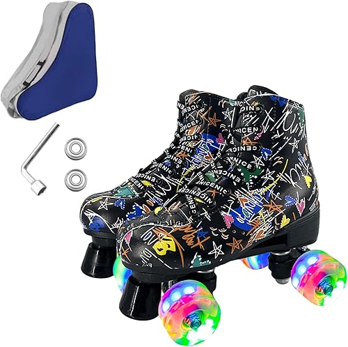 Miniatura 8 de Patines de ruedas para hombres y mujeres, patines Derby negros con 4 ruedas brillantes, patines clásicos de doble fila para interiores y exteriores