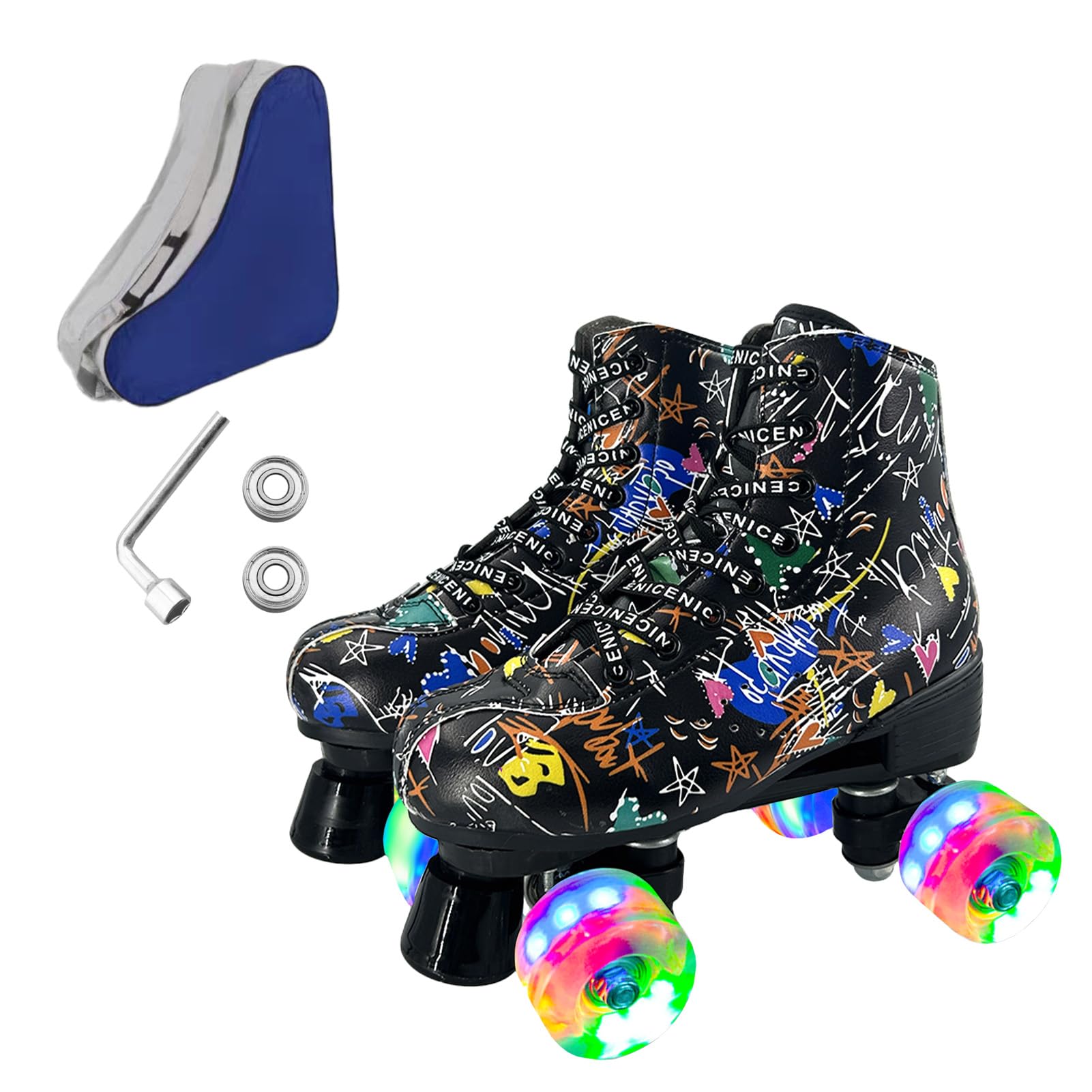 Roller Skates for Men and Women, Black Derby Roller Skates with 4 Shiny Wheel, Classic Double-Row Roller Skates for Indoor and Outdoor