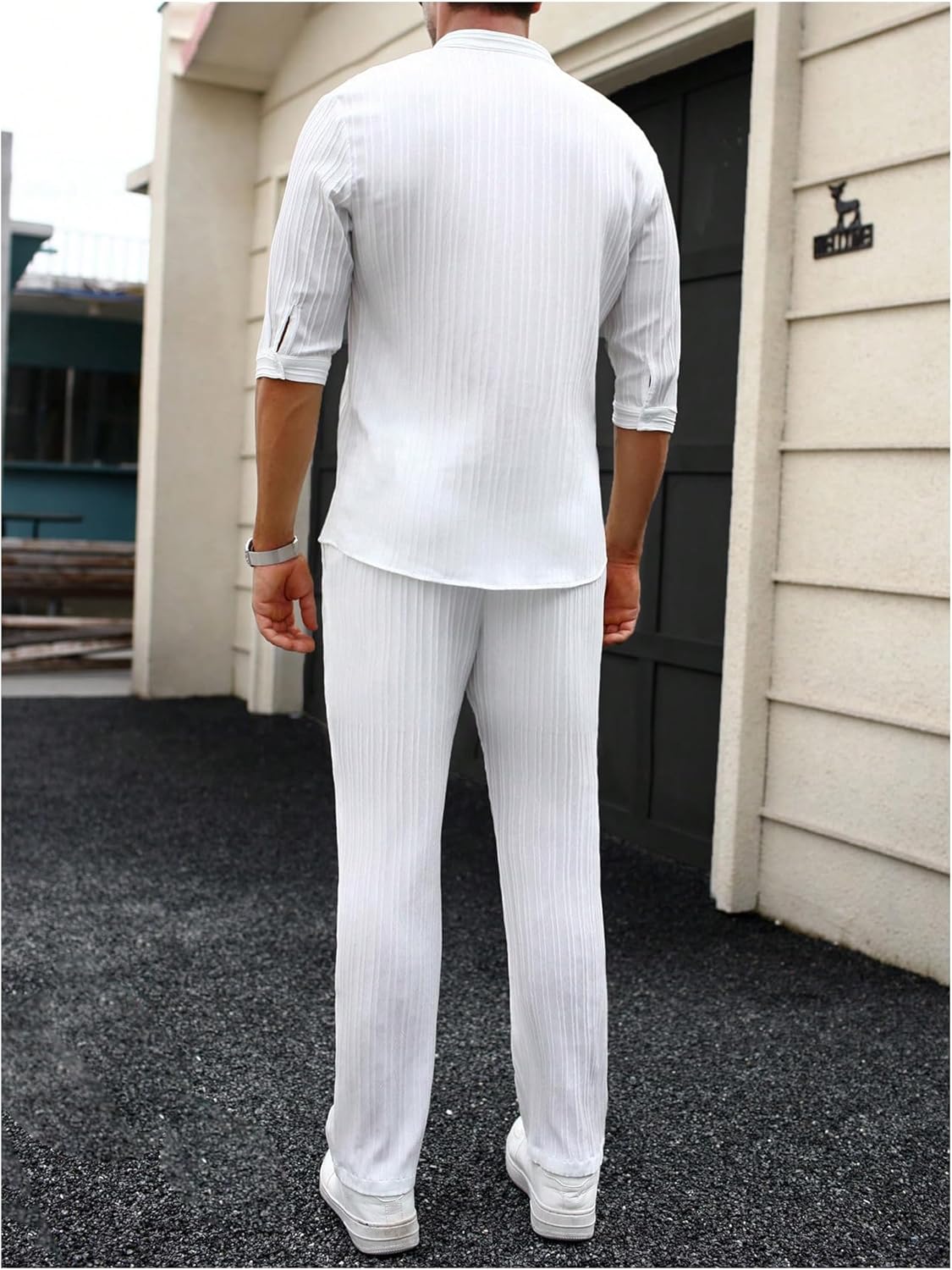 Men's 2 Piece Outfits Casual Half Sleeve Button Up Shirts and Drawstring Pocket Pants - Image 2