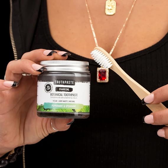 TRUTHPASTE Charcoal whitening natural zero waste toothpaste (Peppermint & Spearmint 100ml) Eco friendly & plastic free with Coconut & Aloe Vera. Fluoride Free, SLS free. Suitable for sensitive teeth