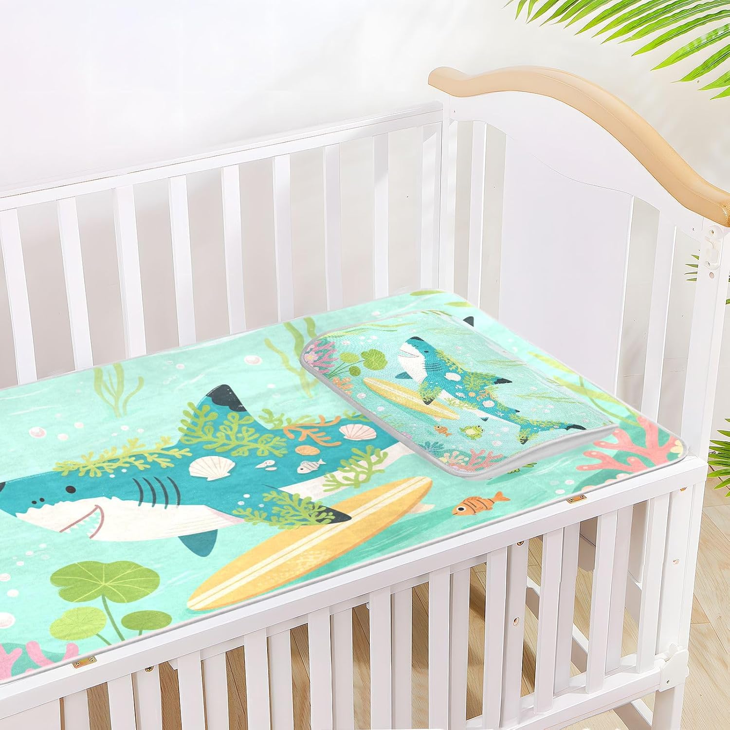 Cartoon Funny Sharks Cooling Baby Mattress pad Protector 28" x 52" Breathable Bed Pads for Baby&Toddler