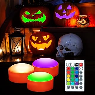 SOLLED Pumpkin Lights with Remote Control and Timers,RGBW Color Changing Jack-O-Lantern Battery Operated Lights for Halloween Decor,Flickering Flameless Candle for Pumpkin Decoration,3 Pack
