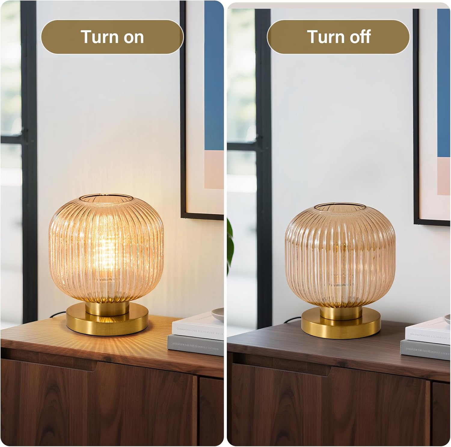 Small Amber Glass Table Lamp: Mid Century Modern Dimmable Nightstand Lamps - Vintage Decor Brass Desk Lamp With Plug - Ribbed Glass Bedside Tables Lamps for Bedroom Living Room Office Bulb Excluded