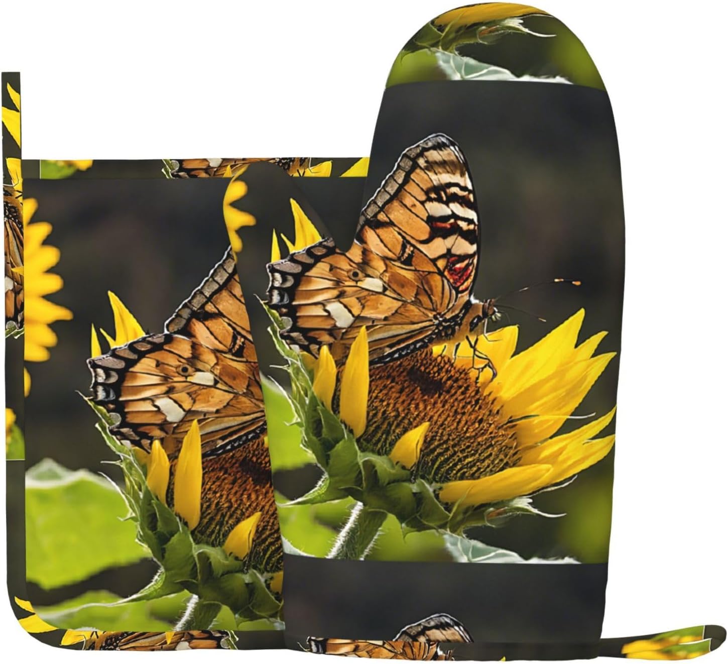 Oven Mitts and Pot Holders for Outdoor Cooking Baking BBQs Heat Resistant Polyester Silicone Oven Gloves Hot Pads, Kitchen Accessories Must Haves List - Sunflower Butterfly