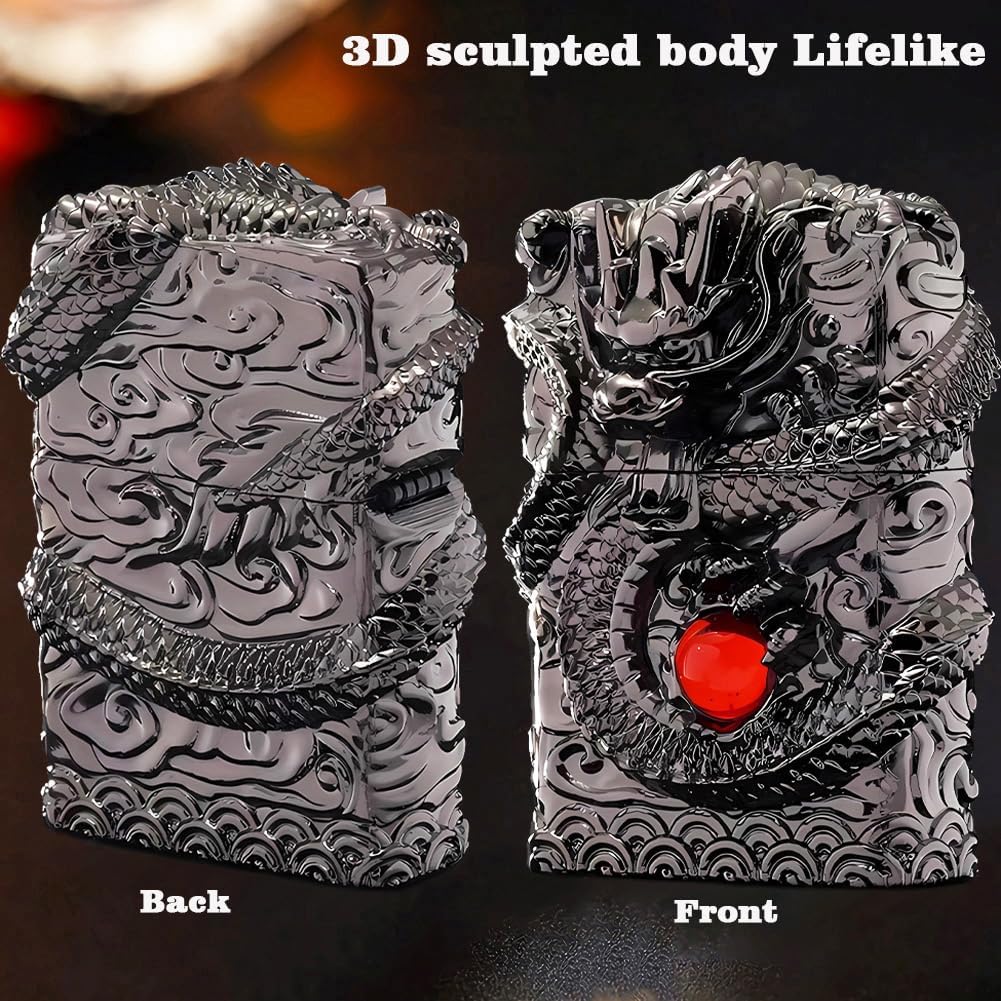 Lighters Carving Dragon Vintage Trench Lighter Reusable Antique Kerosene Grinding Wheel Lighter for Collection-Decorative-Gift-Present (Black)
