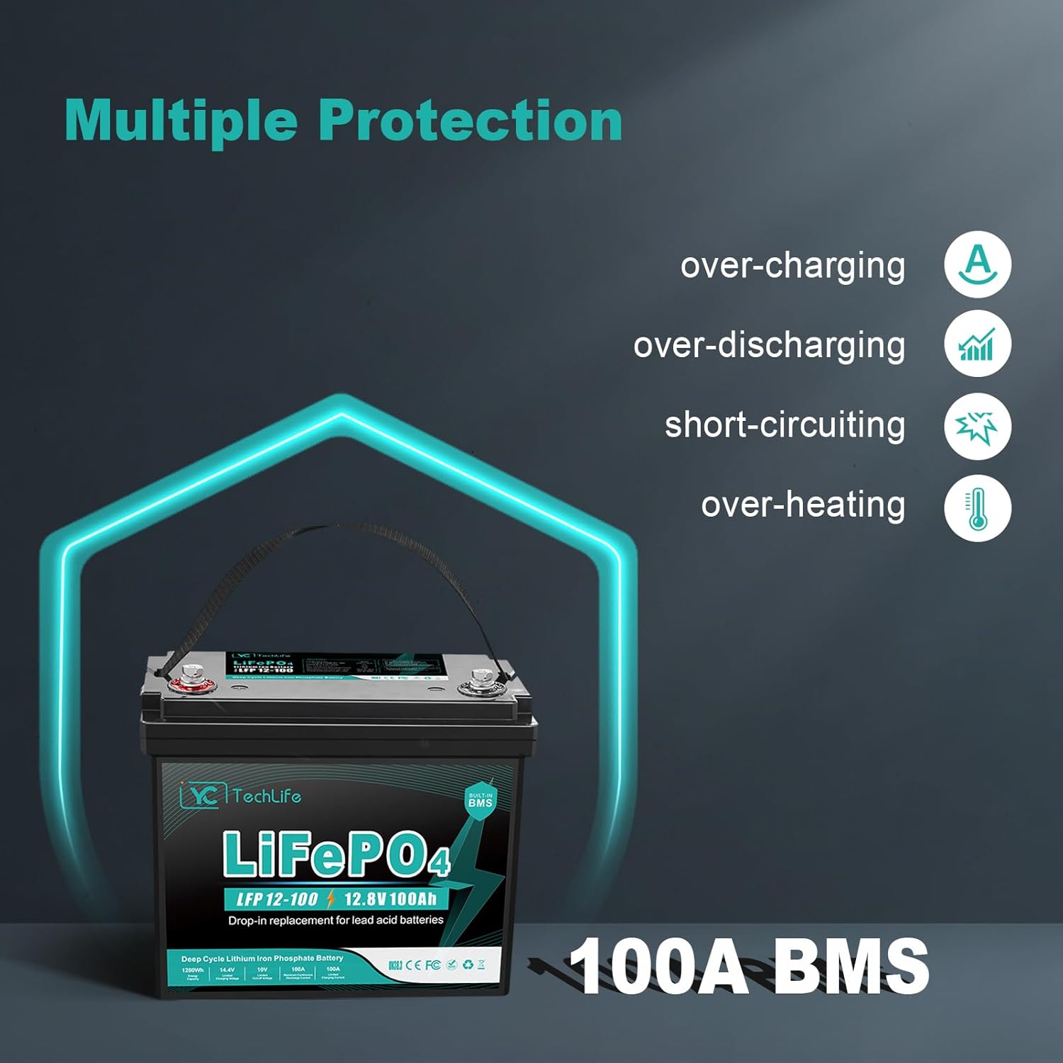 12V 100Ah LiFePO4 Battery, 15000 Deep Cycle Rechargeable Lithium Battery with Built-in 100A BMS, Low Temperature Protection, Perfect for Marine, RV, Boat