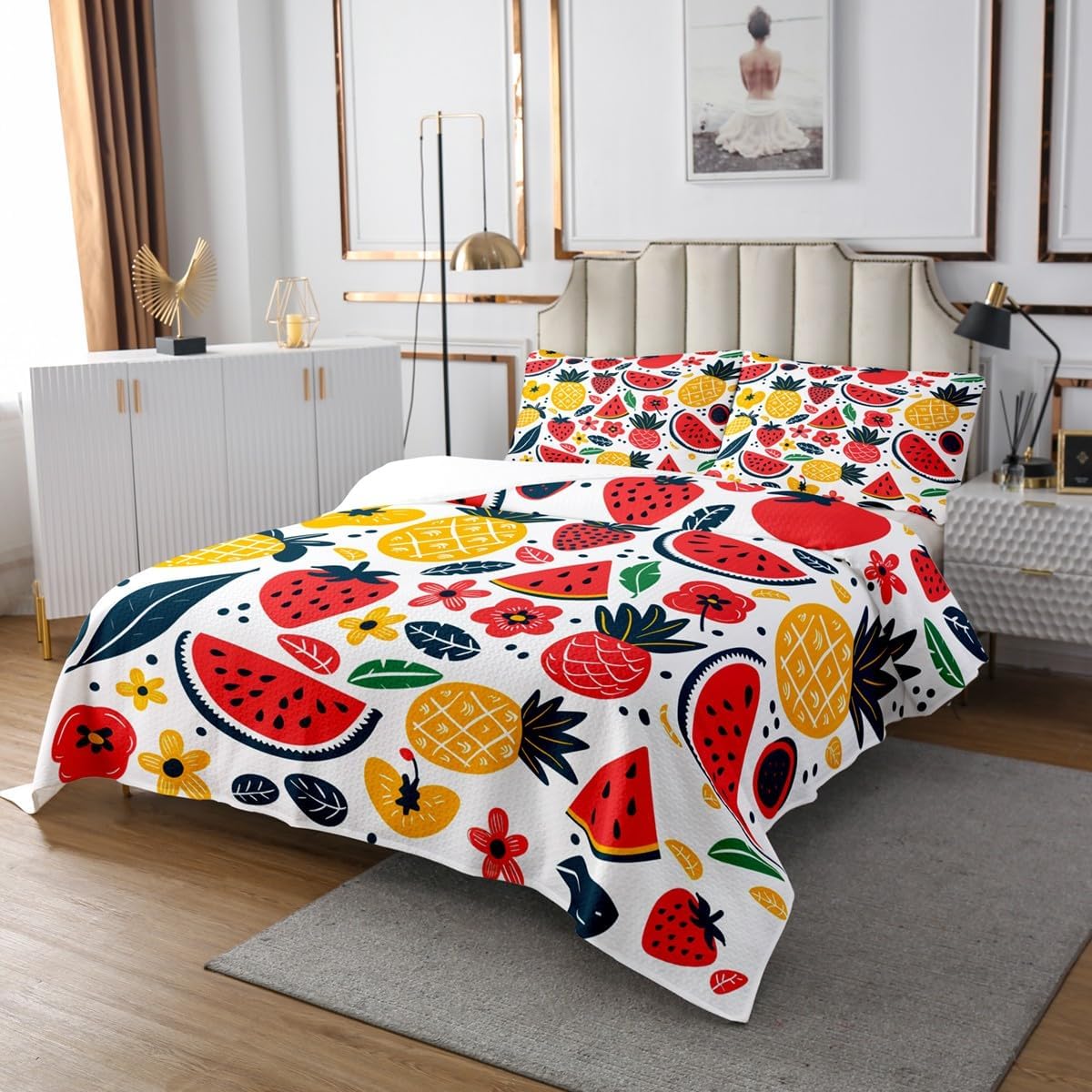 Summer Fruits Fitted Sheet Queen Size,Watermelon Pineapple Strawberry Flower Bedding Set for Kids Boys Girls Room Decor,Tropical Fruits Floral Leaves Sheet Set 3Pcs,White Bed Sheet,2 Pillowcases