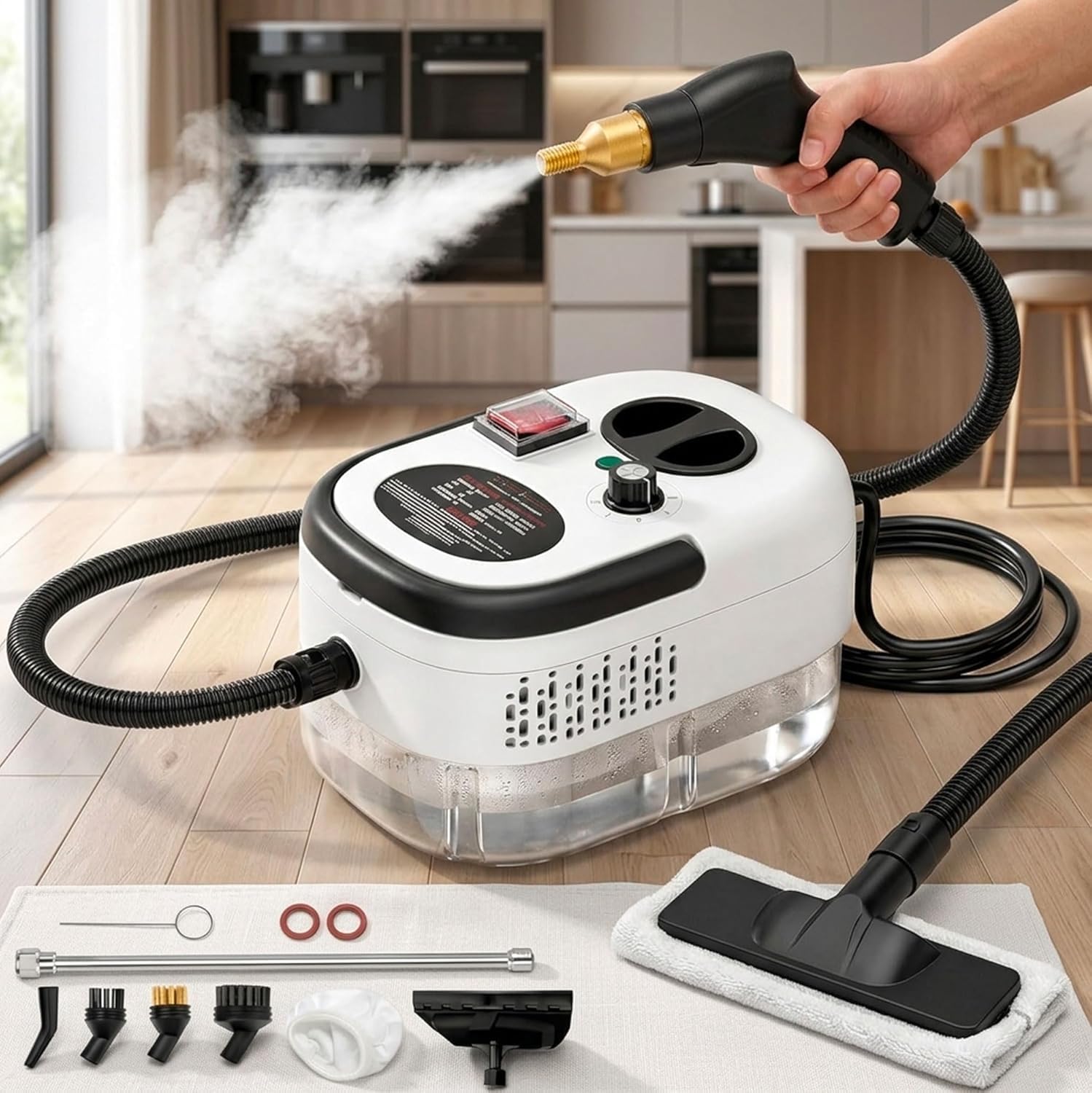 081 Store - Pulitore a Vapore 2500W Alta Pressione con 6 Livelli Di Regolazione, Serbatoio Grande da 1200ml, Vapore fino a 105°C, Kit Accessori Multifunzione per Pulizia Casa, Cucina, Bagno, Divani