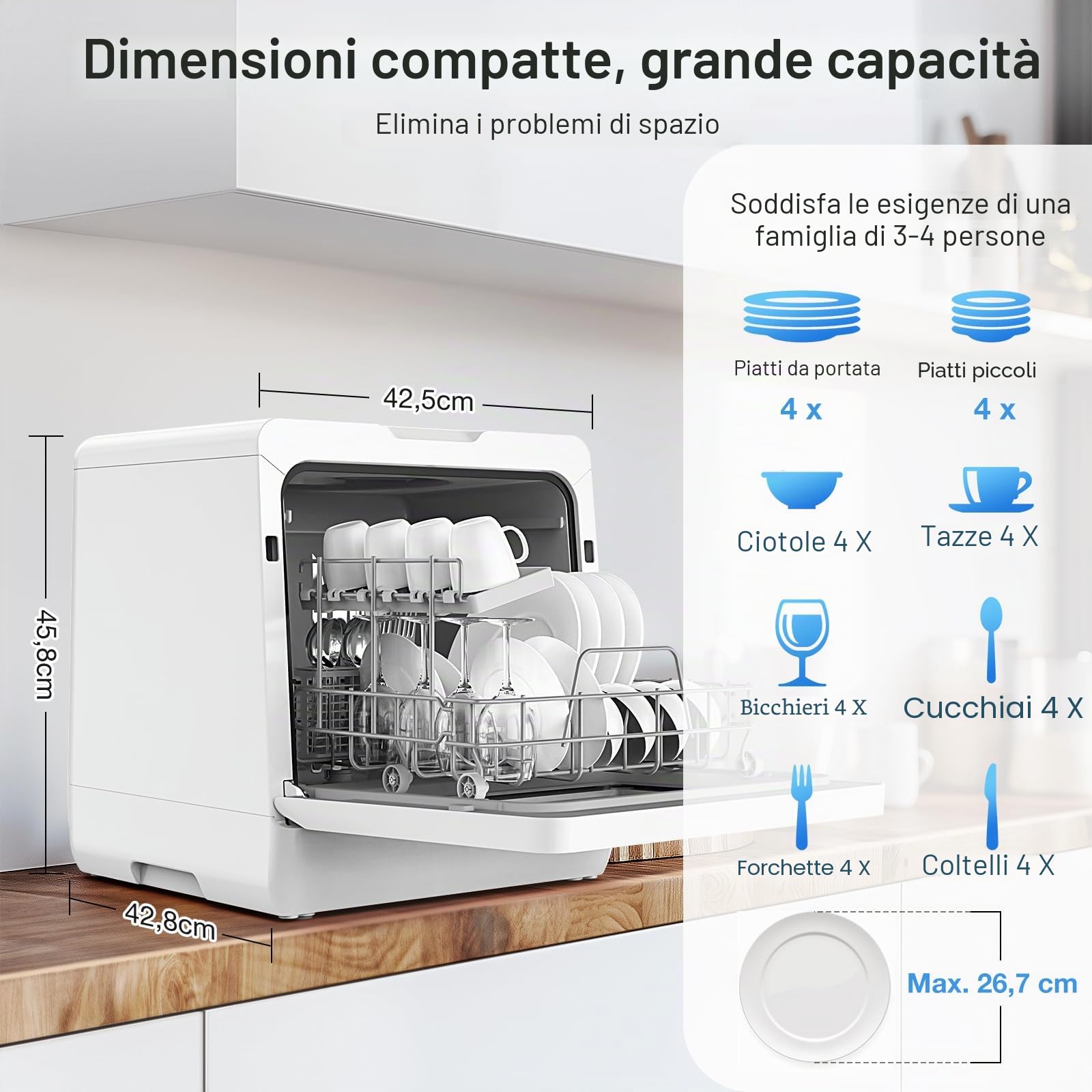 Mini lavastoviglie BLITZHOME controllo smart app, 8 programmi, lavastoviglie da tavolo portatile, serbatoio dell'acqua da 5 l, utilizzabile con/senza collegamento acqua, asciutto, prenotazione