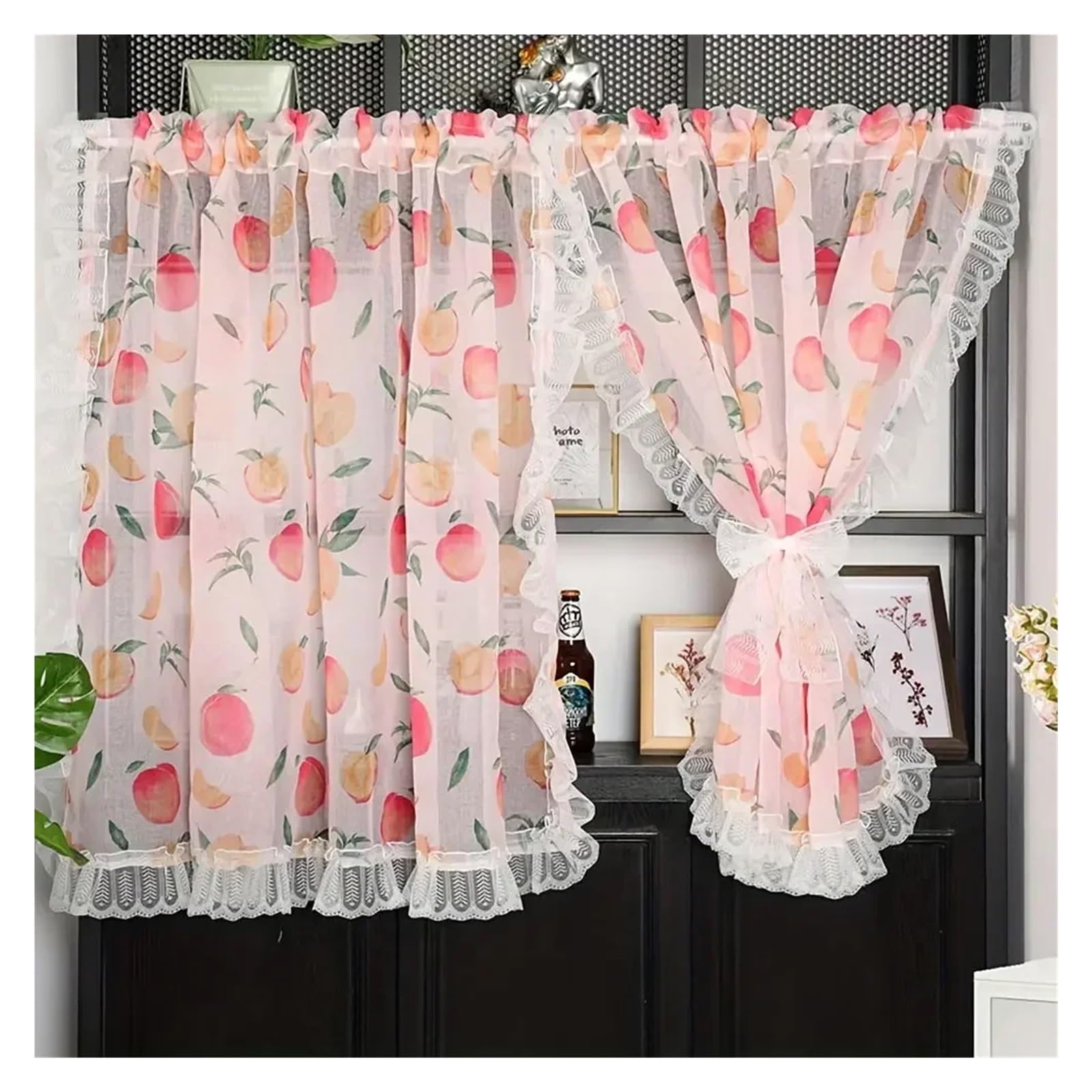 Landhausstil Kurzgardine Kurze Vorhänge Tiers Rüschen Spitze Sheers for Zimmer Küche Halb Fenster(Yellow,1 Panel W100xH80cm)
