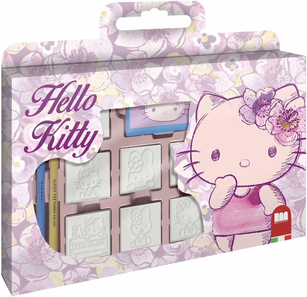 Multiprint Window Box 7 Stamps for Kids Hello Kitty Olympics, 100% Made in Italy, Personalized Stamps for Children, in Wood and Natural Rubber, Non-toxic Washable Ink, Gift Idea, art.07803