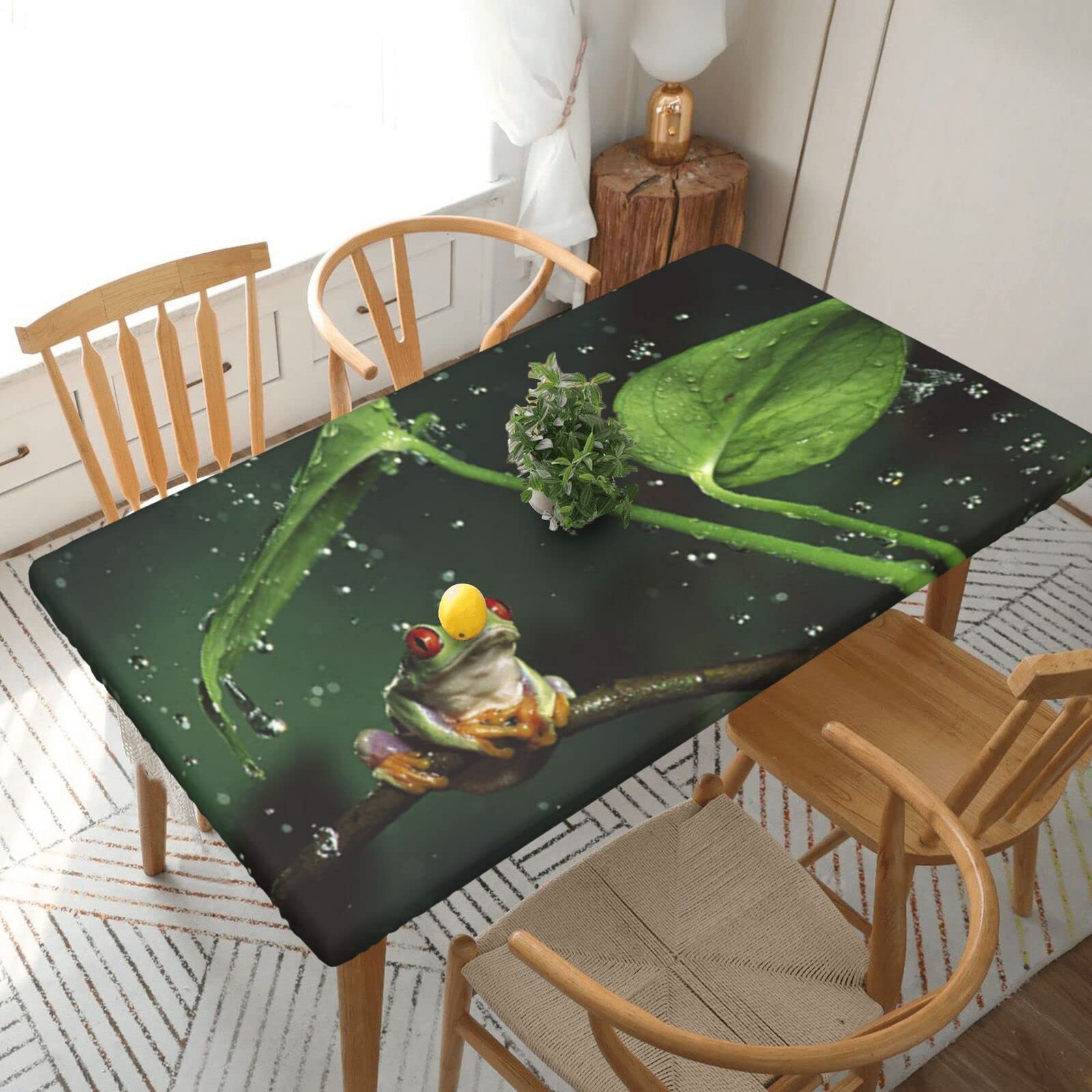 Rectangle Tablecloth 152x76cm For 5ft Dining Table Protector - Frog And Rain Printed Elastic Edged Table Cover Wrinkle Free Table Decoration Table Cloth
